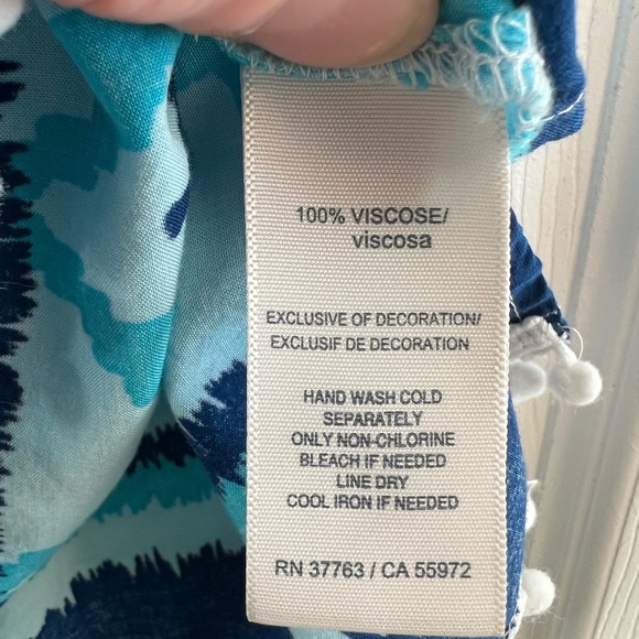 Pretty Rafaela Blue Print Sleeveless Linen Top with white decorative puff balls - Picture 8 of 8